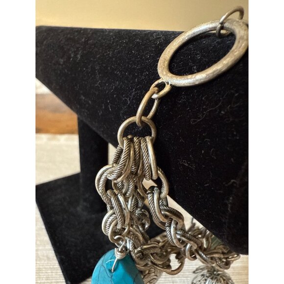 Boho Silver Tone Charm Bracelet Hearts Turquoise Glass Beads Toggle Statement - Picture 8 of 16